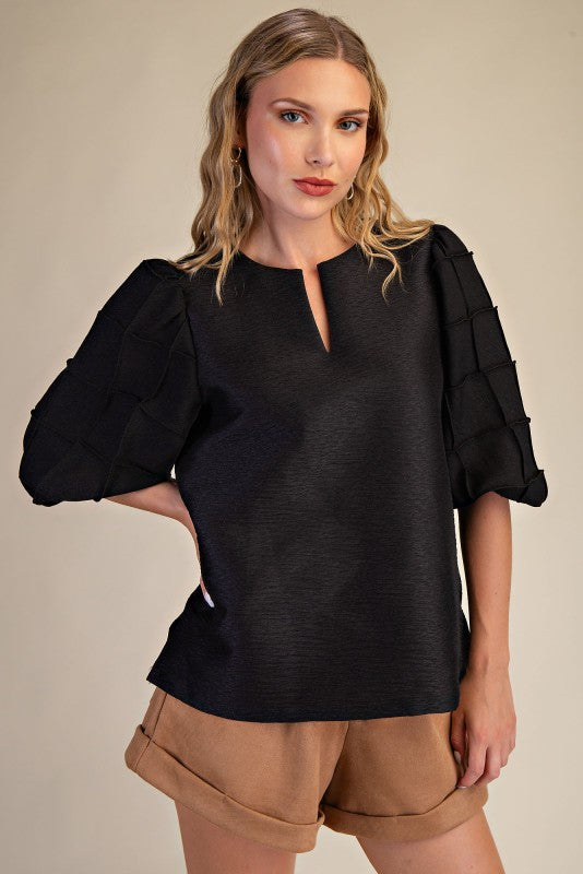 Round Neck Square Quilted Detail Short Sleeve Top