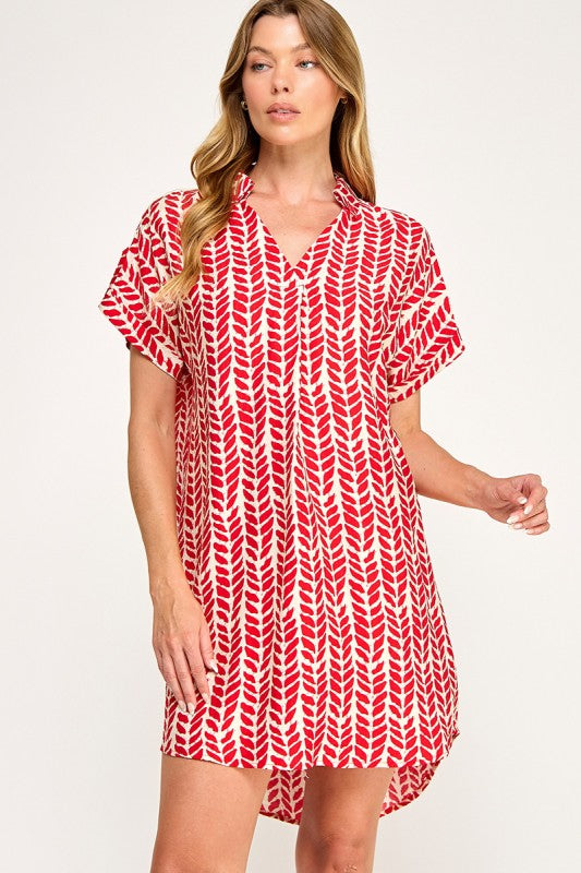 Abstract Leaf Print Caftan Short Dress