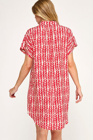 Abstract Leaf Print Caftan Short Dress