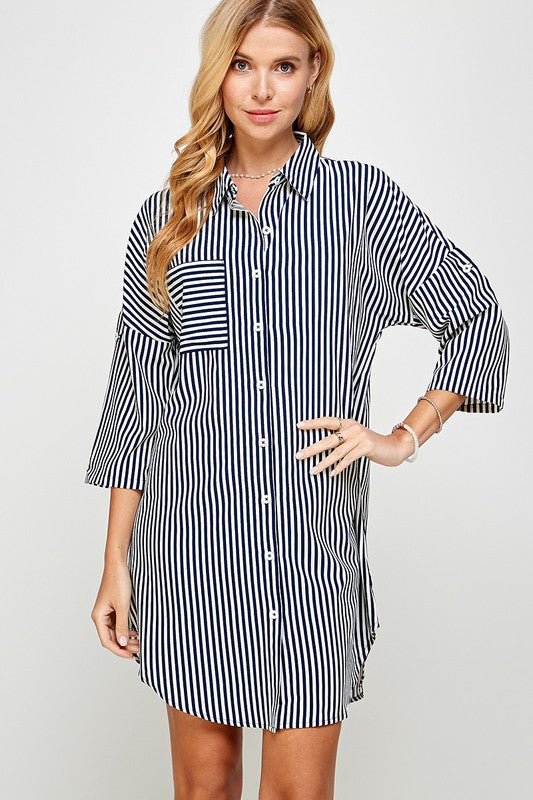 Stripe Print Collared Shirt Dress