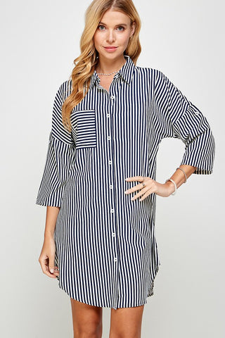 Stripe Print Collared Shirt Dress