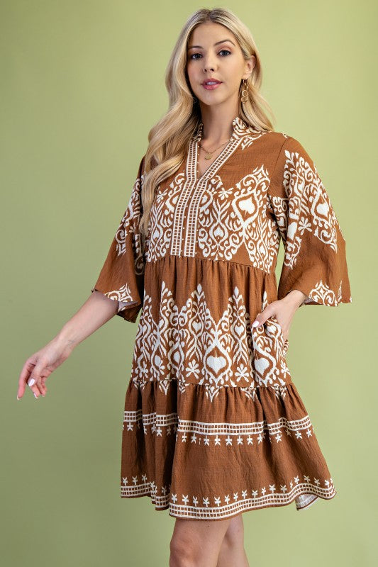 Printed Tiered Dress With 3/4 Length Bell Sleeves