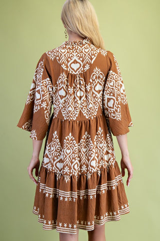 Printed Tiered Dress With 3/4 Length Bell Sleeves