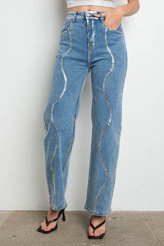 Silver Metallic Detail Stretch Denim Pants