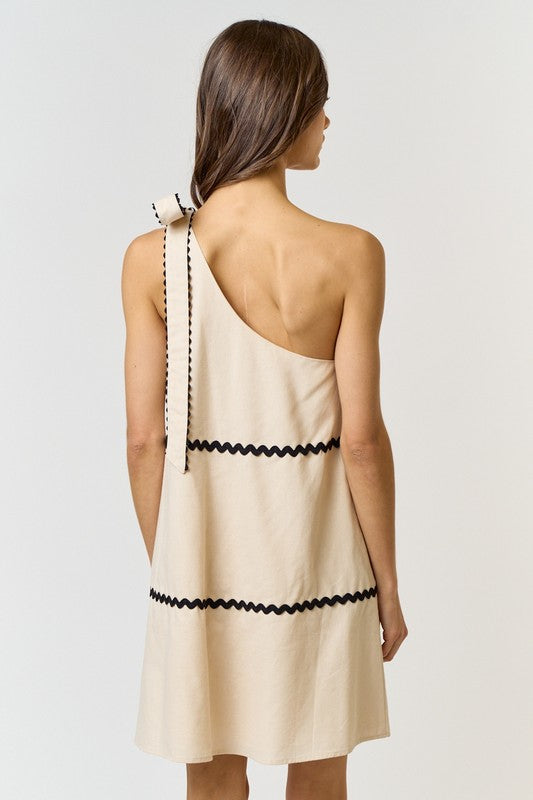 Linen Scalloped One Shoulder Shift Dress