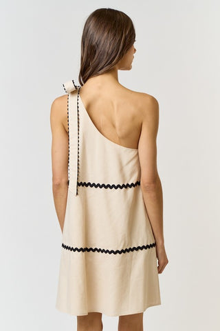 Linen Scalloped One Shoulder Shift Dress