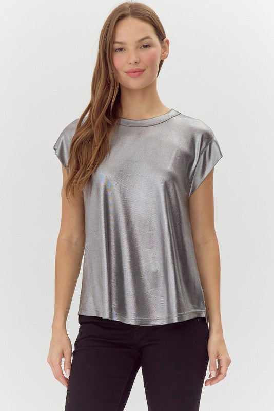Drop Shoulder Metallic Knit Top