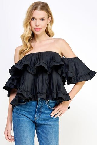 Off Shoulder Pleated Ruffle Poplin Top