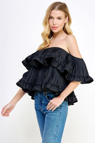 Off Shoulder Pleated Ruffle Poplin Top