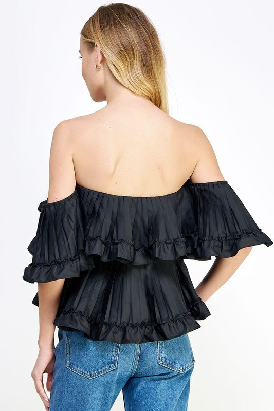 Off Shoulder Pleated Ruffle Poplin Top