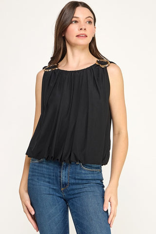 Shoulder Metal Detail R Neck Solid T Shirt