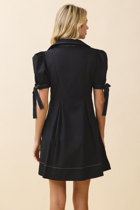 Collared V Neckline Pleated Detail A Line Dress