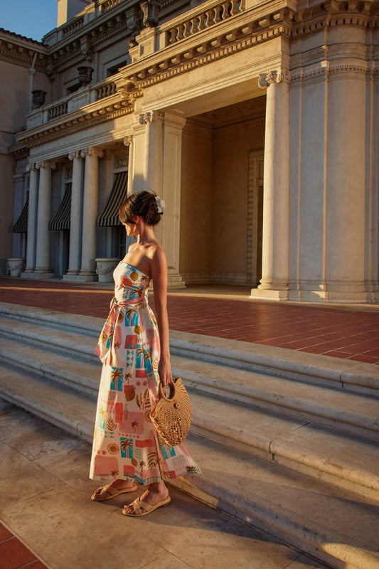 Moroccan Spring Rattan Belt Strapless Maxi Dress