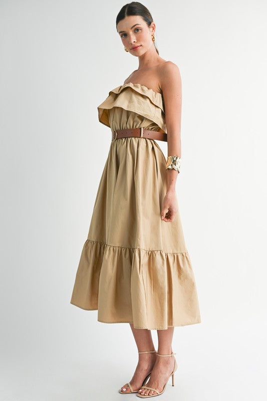 Strapless Ruffled Maxi Dress With Belt