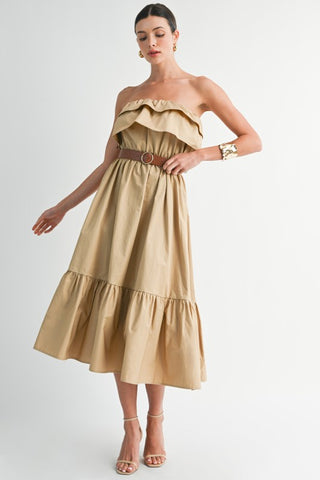 Strapless Ruffled Maxi Dress With Belt