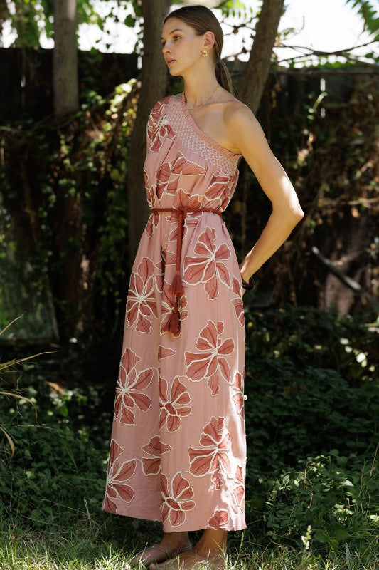 One-shoulder Floral Embroidered Jumpsuit