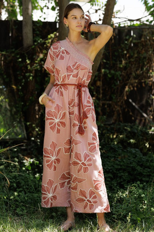 One-shoulder Floral Embroidered Jumpsuit