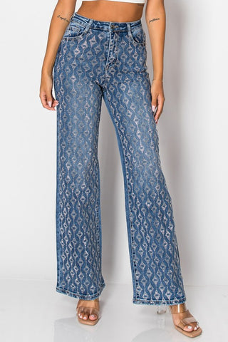 Embellished straight leg blue denim jeans