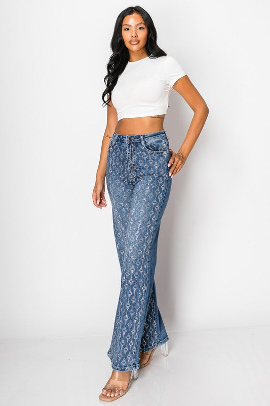 Embellished straight leg blue denim jeans
