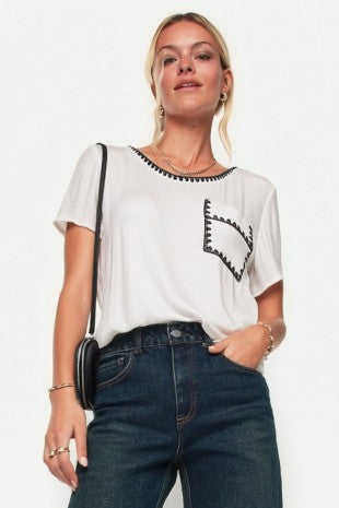 Blanket-stitch Short Sleeve Blouse