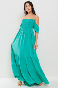Solid Flared Sleeve Long Tiered Dress