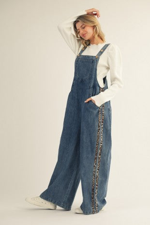 Side Animal Contrast Accent Washed Denim Overalls