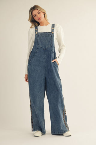 Side Animal Contrast Accent Washed Denim Overalls