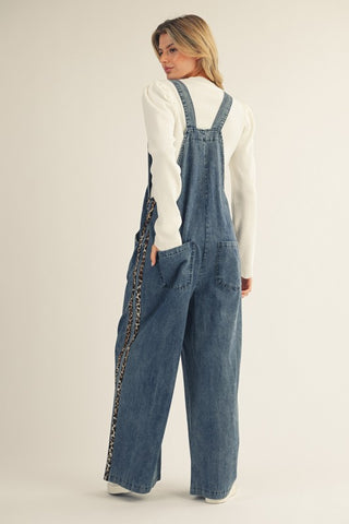 Side Animal Contrast Accent Washed Denim Overalls
