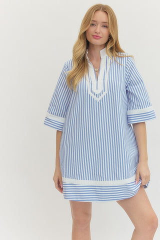Striped half sleeve mini dress featuring contrast trim and V-neckline