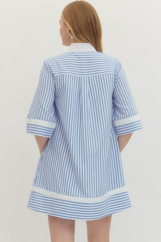Striped half sleeve mini dress featuring contrast trim and V-neckline