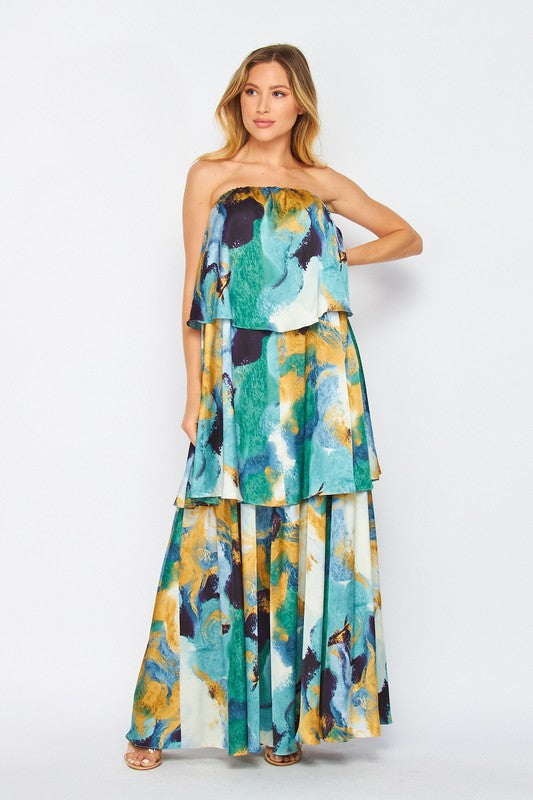 Women Woven Stain Multi Color Printed Tiered Tube Maxi Dress