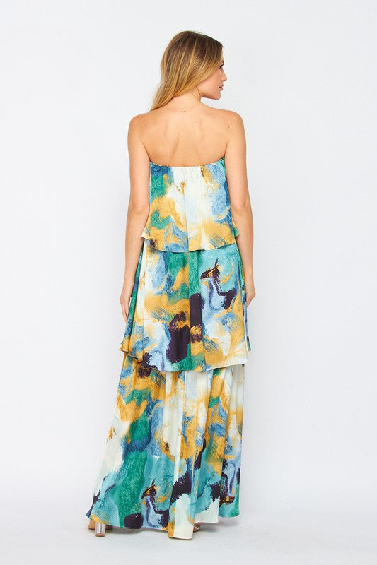 Women Woven Stain Multi Color Printed Tiered Tube Maxi Dress