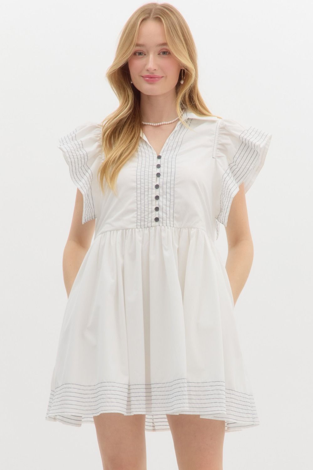 Solid spread collar split flutter sleeve pullover mini dress