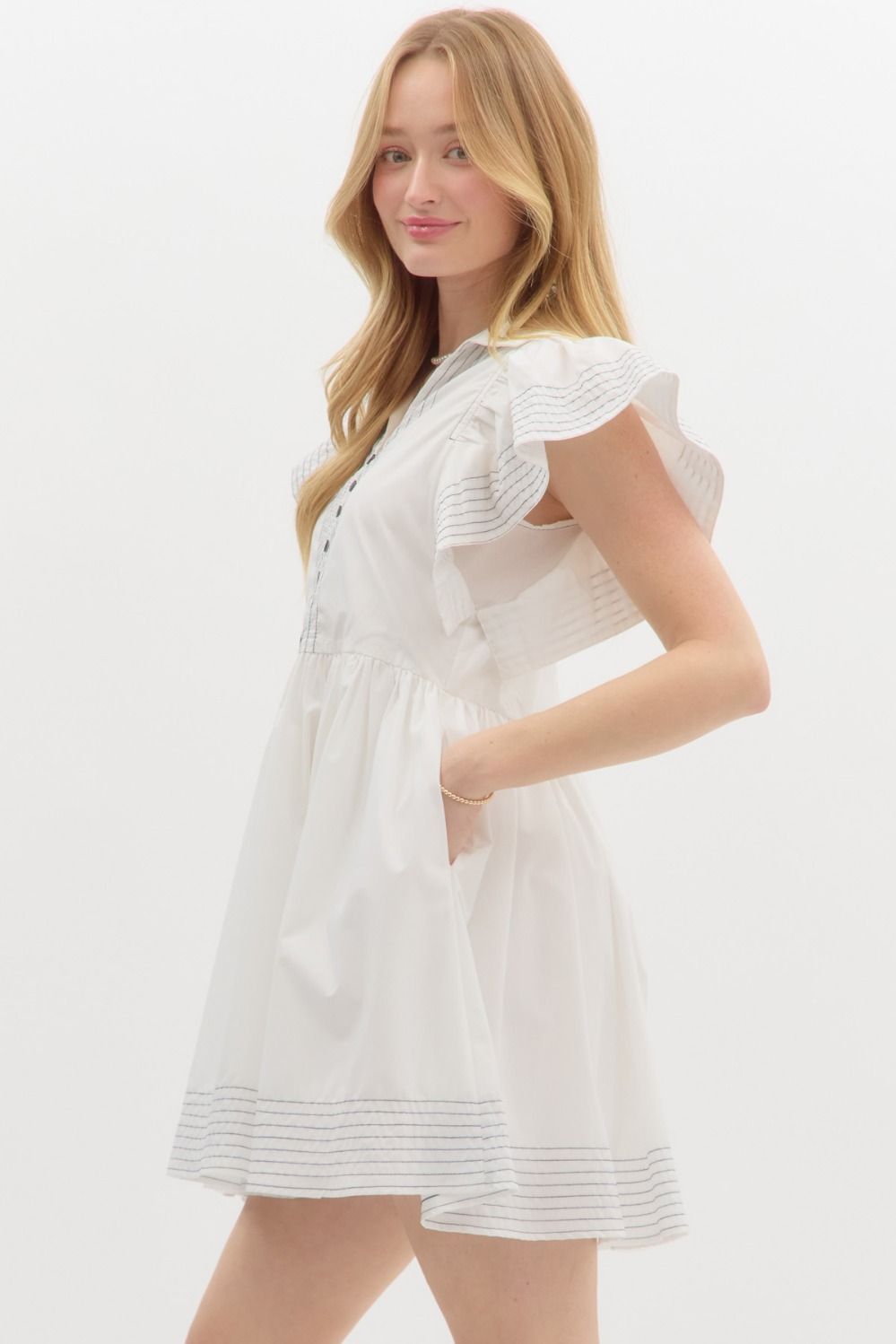 Solid spread collar split flutter sleeve pullover mini dress