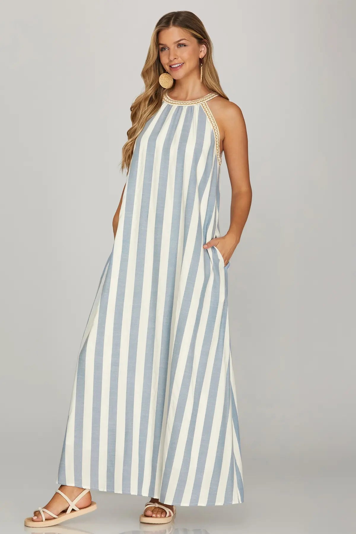 HALTER NECK WITH TRIM STRIPE WOVEN A LINE MAXI DRESS WITH POCKETS
