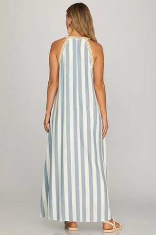 HALTER NECK WITH TRIM STRIPE WOVEN A LINE MAXI DRESS WITH POCKETS