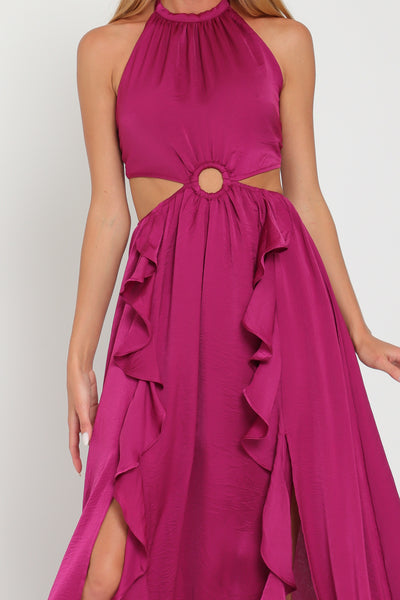 Halter tie-back chest cf buckle&ruffle detailing maxi dress