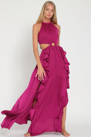 Halter tie-back chest cf buckle&ruffle detailing maxi dress