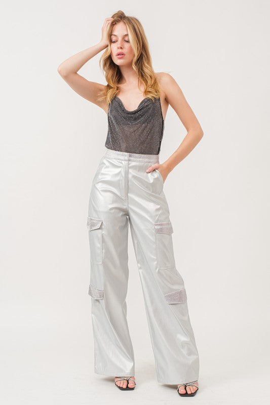 Metallic rhinestone embellished cargo pants