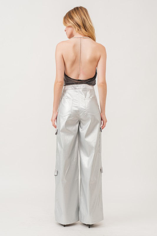 Metallic rhinestone embellished cargo pants