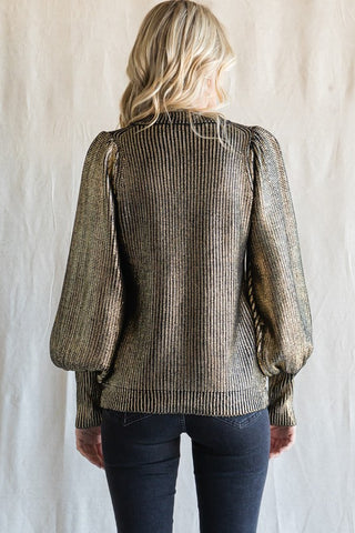 Metallic Knit Lantern Sleeves Pullover