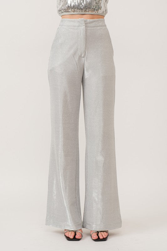 Stretch wide leg dress pants in glitter fabric