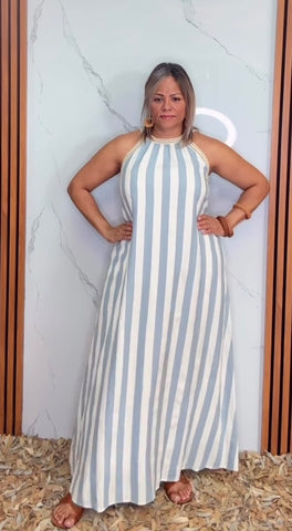 HALTER NECK WITH TRIM STRIPE WOVEN A LINE MAXI DRESS WITH POCKETS