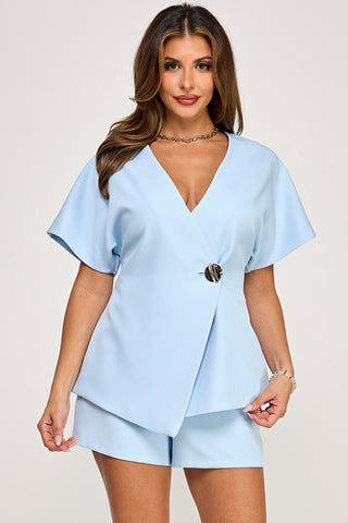 Dolman Sleeve Wrap Blazer Top with Gold Button and Short Set