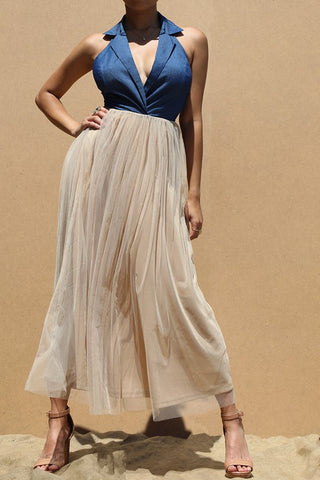 HALTER DENIM TOP MESH LONG DRESS