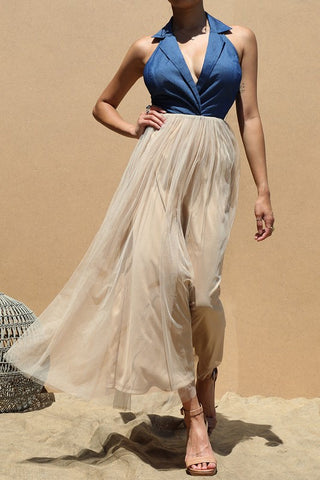 HALTER DENIM TOP MESH LONG DRESS