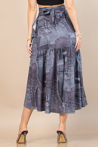 Dark Denim Jean Looking Print Wrap Skirt