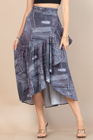 Dark Denim Jean Looking Print Wrap Skirt