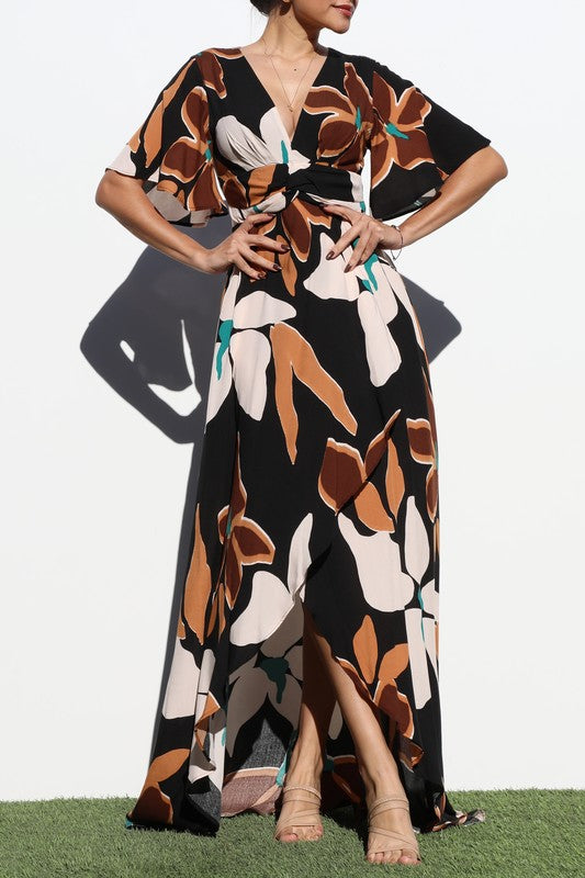 Printed Twist Front Flared Maxi Dress