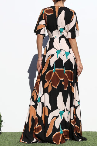 Printed Twist Front Flared Maxi Dress